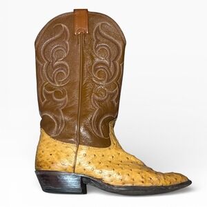 Vintage Nocona Mens Full Quill Ostrich Western Cowboy Boots Tan Brown 9.5D USA
